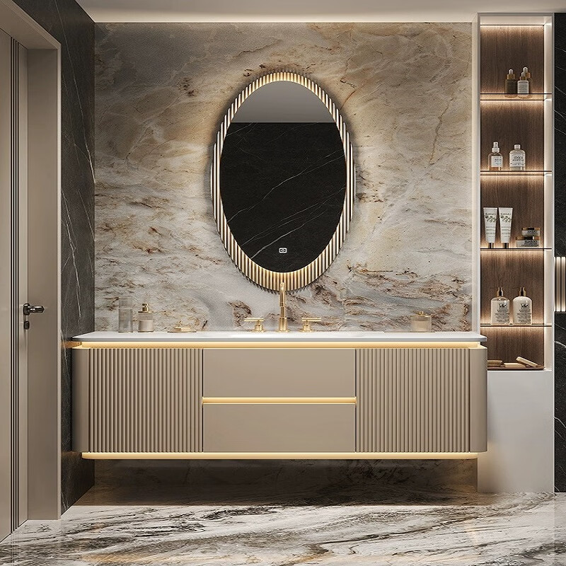 Zimu Yaju double basin cream style bathroom cabinet slate hot-bent integrated basin wash basin cabinet combination oak bathroom washbasin cabinet 08 meters Internet celebrity mirror slate seamless basin paint cabinet