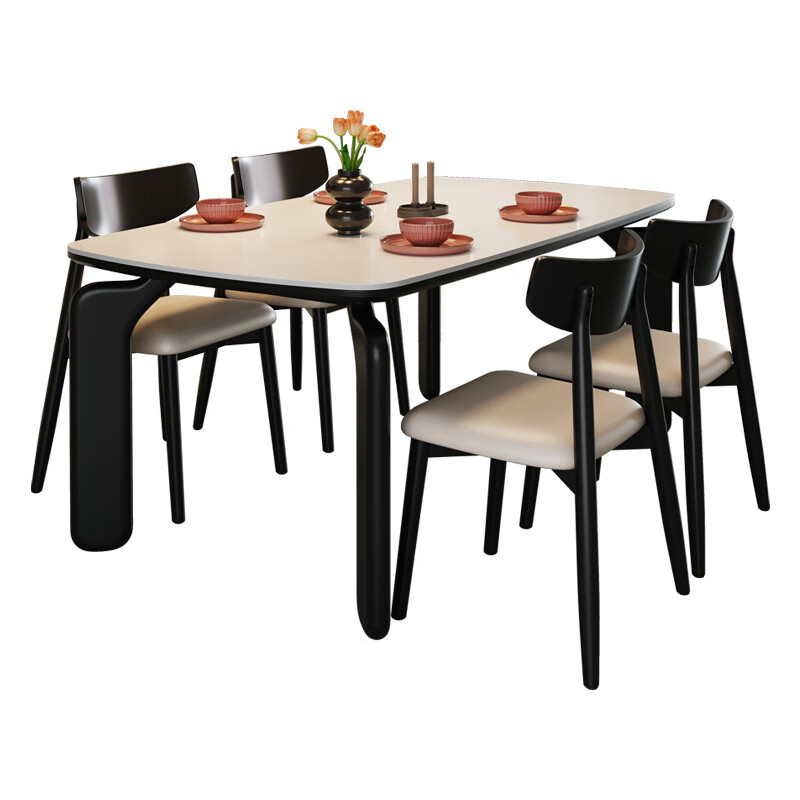 Chenchao solid wood slate dining table 2026 new elephant leg retro style western dining table for home small apartment dining table and chair combination style black-glossy snow mountain white slate-horn chair 1.38 meters one table and four chairs