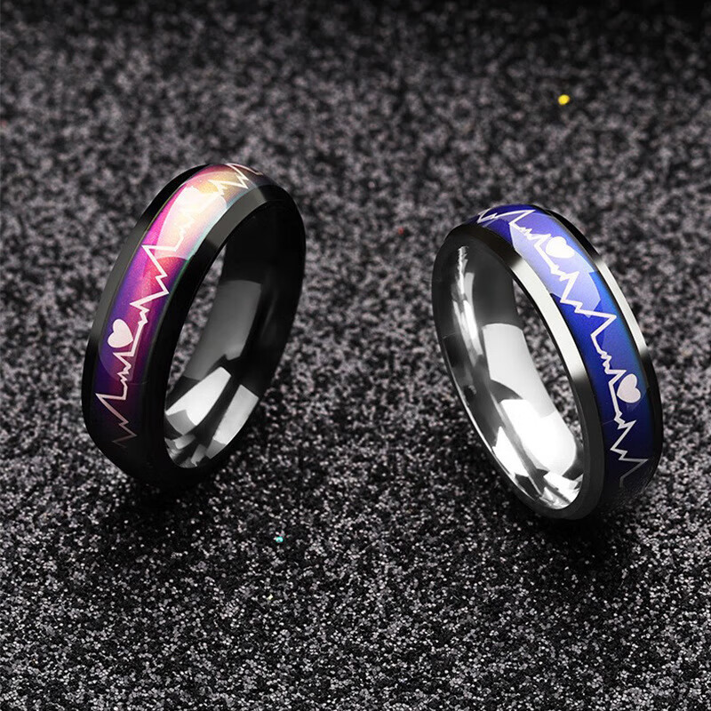 Titanium steel temperature-sensitive electrocardiogram ring ring female heartbeat couple stainless steel ring temperature-sensitive ring blue and white No. 7