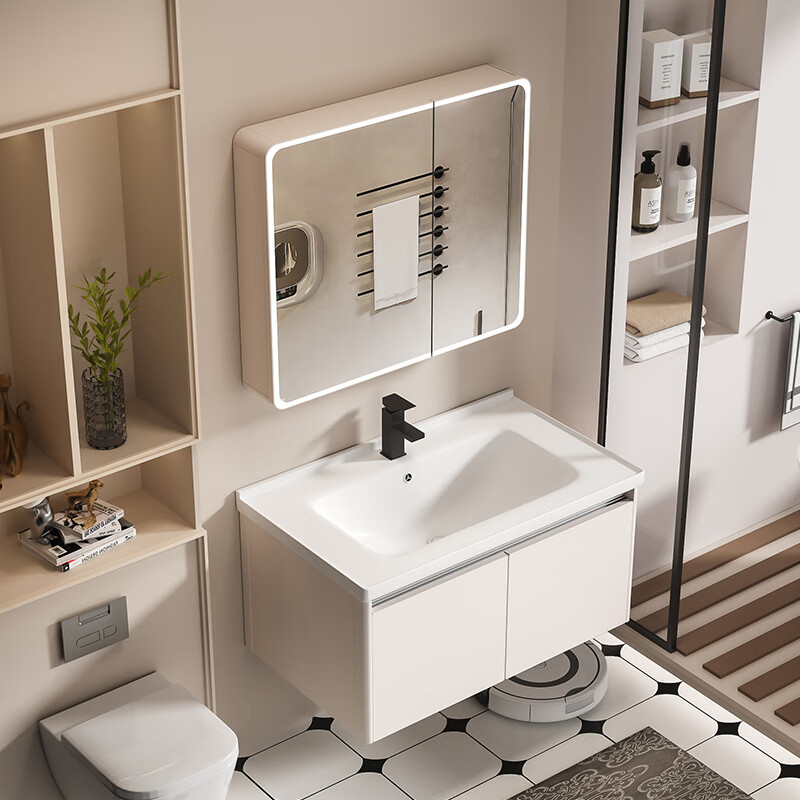 MUlisi thickened honeycomb aluminum bathroom cabinet combination intelligent integrated ceramic basin bathroom cabinet washstand bathroom washbasin cabinet 60*40 khaki + ceramic basin + mirror cabinet