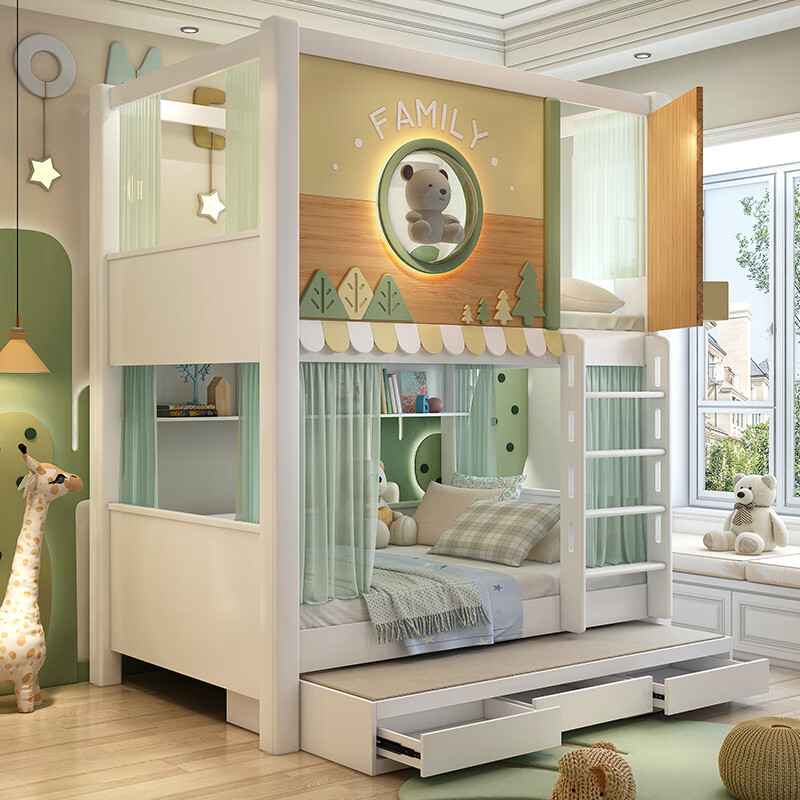 Lukashi children's solid wood double-layer bunk bed, high and low bunk bed for boys and girls, princess bed, same width and high guardrail bed, loft bed + high box + ladder cabinet + 2 mattresses 1.35*1.9 meters (same width as top and bottom)