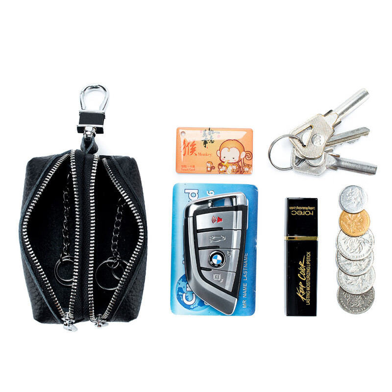 Kuqi Kangaroo (KUQIDAISHU) large-capacity key bag double-layer soft multi-functional card holder for men and women coin purse key bag home first-layer cowhide black