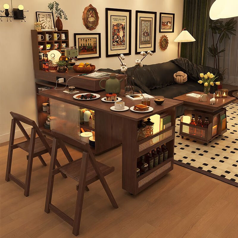 Xingying Furniture island table and dining table can be rotated for small apartments, telescopic bar, antique style sideboard, sofa side cabinet, all solid wood 1 meter island table + 1 point 2 meter dining table