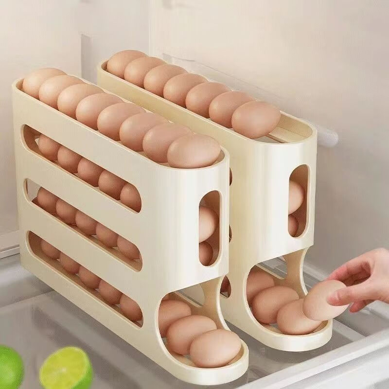 Xiongwochi egg storage box refrigerator side door rolling egg rack automatic egg box freshness kitchen organization artifact cream color 1 pack 4 layers can hold about 30 pieces