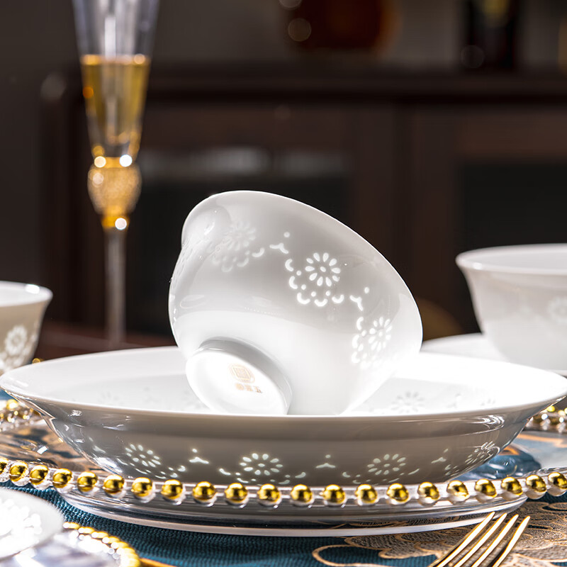 Rich Jade Exquisite Tableware Set Pure White Dishes Set Jingdezhen New Home Use High-end Light Luxury Youmeng Tableware Set 30 Pieces