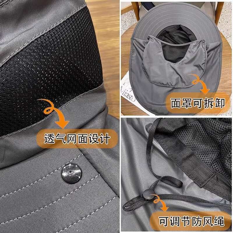 Men's summer anti-UV outdoor fishing mask with large brim, dark gray (with mask - same style for men and women)