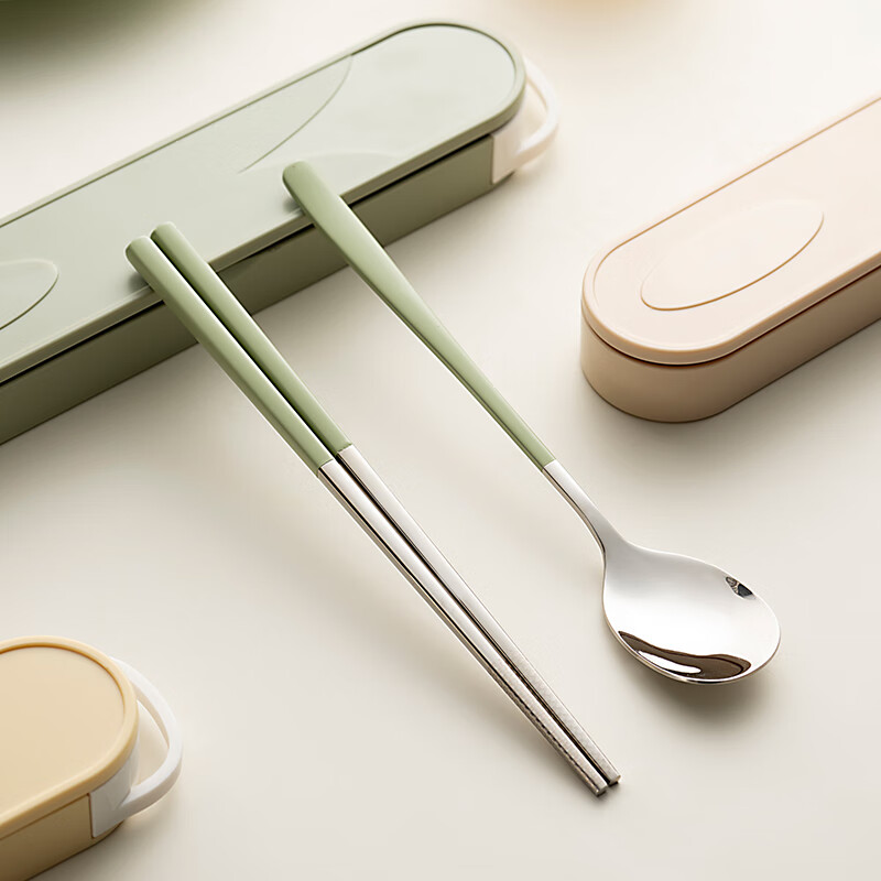 Onlycook304 stainless steel portable cutlery box set with hook chopsticks spoon set student cutlery set green