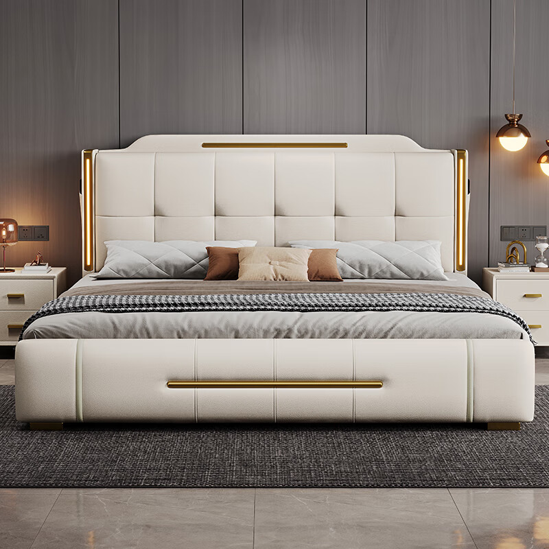 Postscript National Subsidized Bed Double Bed 2m 2.2m Leather Bed Modern Light Luxury Master Bedroom King Bed Storage Marriage Bed Leather Art Bed 1800mm*2000mm Frame Bed Leather Sheet Bed
