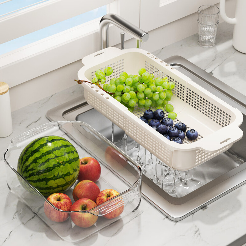 Home KATEI STORY Japanese double-layer vegetable washing and draining basket square retractable vegetable washing basin fruit basin kitchen plastic basin drain basket