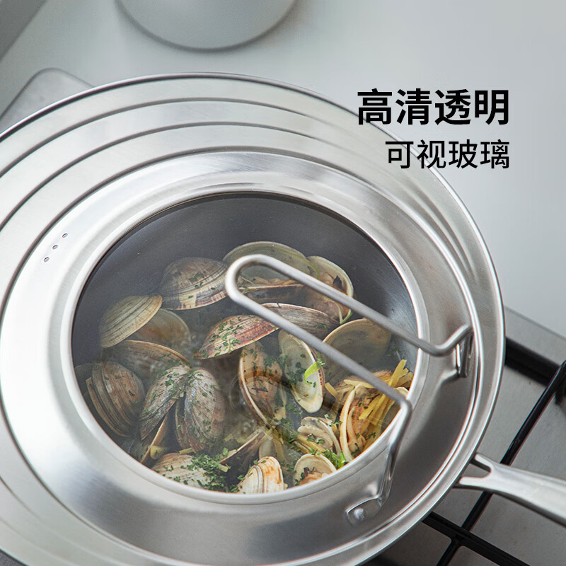 Shuangshan 304 stainless steel pot lid, wok multi-purpose tempered glass self-standing handle ladder lid, universal lid for soup pot, suitable for outer diameter 24/26/28cm pot - diameter 30.2cm