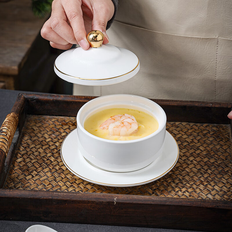 Chidu bird's nest bowl stew pot with lid, water-proof stew pot, high-end liner, household soup bowl, steaming bowl, steamed egg cup, dessert jar, hotel high-end tableware, Buddha jumping over the wall, fish glue, sea cucumber cup, small soup cup, 4-inch patternless European-style cup (with plate) + spoon - inlaid with gold