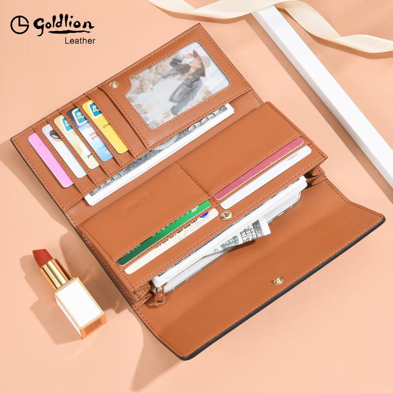 GOLDLION G+ Goldlion Wallet Women's Long Handbag Women's Bag 2025 New Handbag PVC with Genuine Leather Fashion Mom Style Coffee Color Exquisite Gift Box