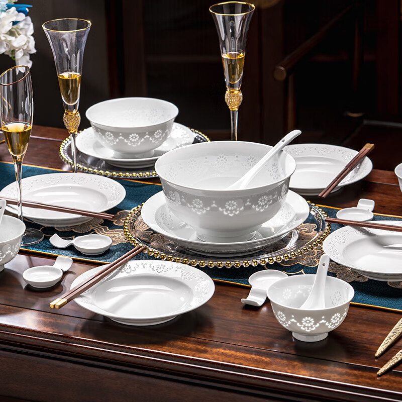 Rich Jade Exquisite Tableware Set Pure White Dishes Set Jingdezhen New Home Use High-end Light Luxury Youmeng Tableware Set 30 Pieces