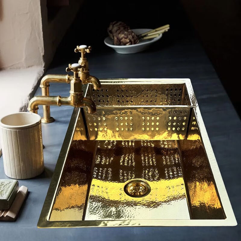 French retro kitchen large single sink embedded in the island water bar sink pure copper gold undercounter basin wash basin S1 model stainless steel 41*44cm