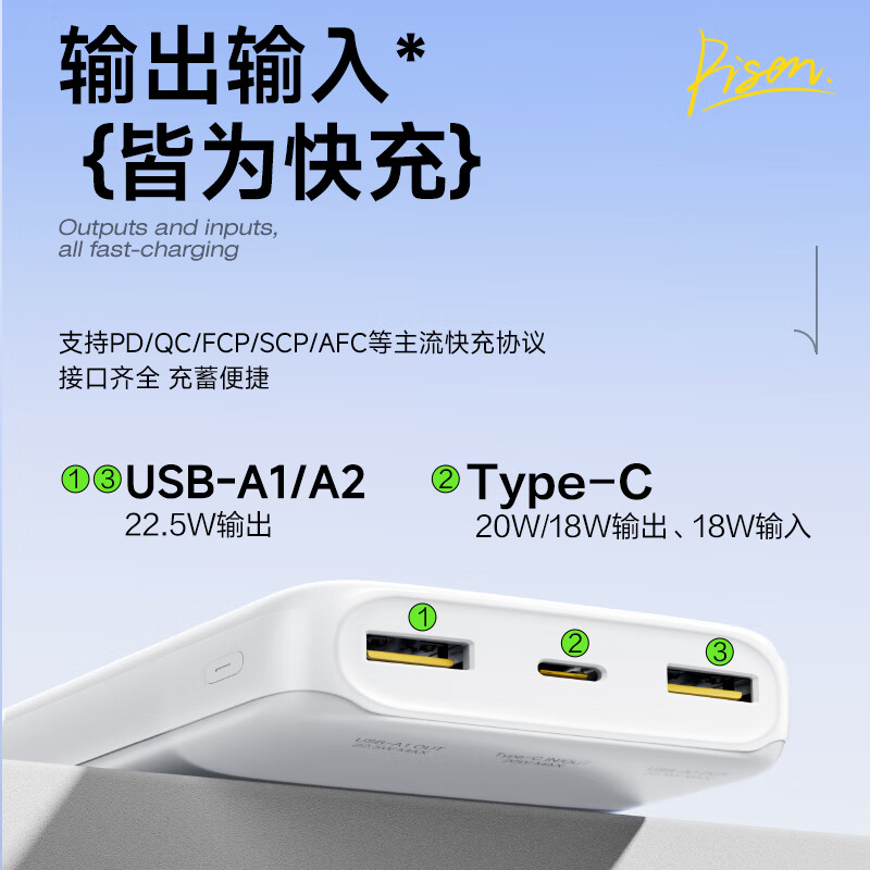 Pinsheng 3C certified aircraft 22.5W super fast charge 20000mAh large capacity power bank portable power bank suitable for Apple 17promax Xiaomi Huawei White