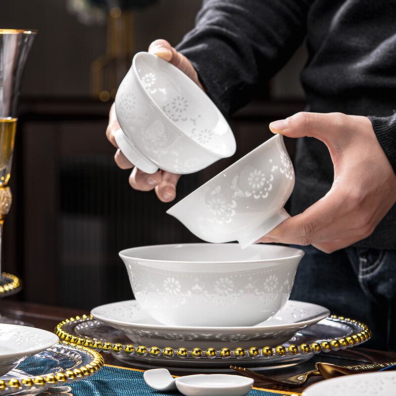 Rich Jade Exquisite Tableware Set Pure White Dishes Set Jingdezhen New Home Use High-end Light Luxury Youmeng Tableware Set 30 Pieces