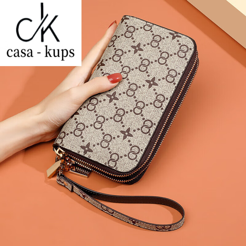 Casa-kups Genuine Leather Long Clutch Women's Mobile Phone Bag 2025 New Large Capacity Fashionable High-end Money Arrow Pattern Brown-Double Zipper