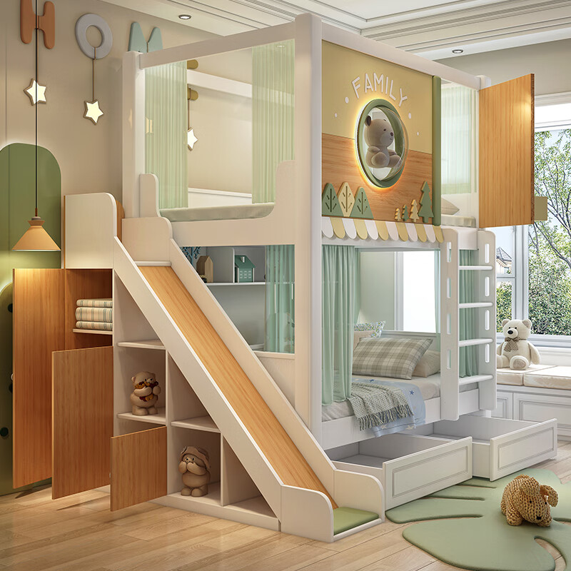 Lukashi children's solid wood double-layer bunk bed, high and low bunk bed for boys and girls, princess bed, same width and high guardrail bed, loft bed + high box + ladder cabinet + 2 mattresses 1.35*1.9 meters (same width as top and bottom)