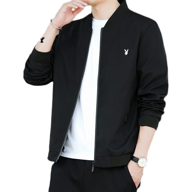 Playboy New Men's Jacket Spring and Autumn Jacket Men's Casual Slim Top Thin Breathable Baseball Uniform Work Wear Trendy and Versatile 2030 Black (Spring and Autumn Style) XL 120-135 Jin