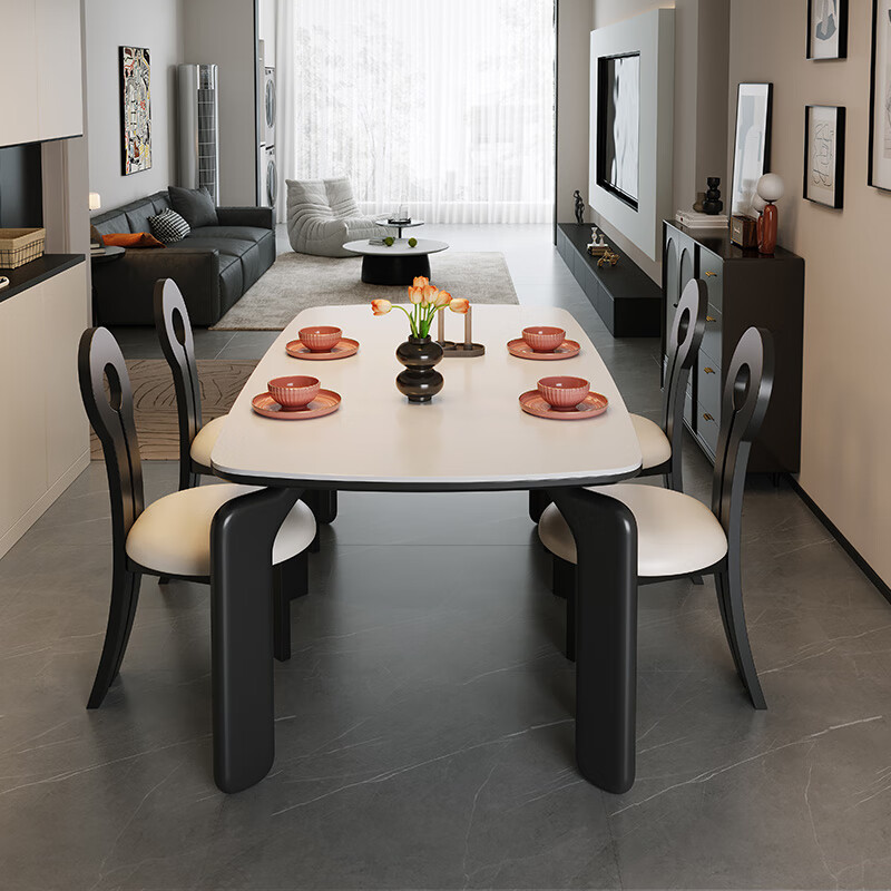 Chenchao solid wood slate dining table 2026 new elephant leg retro style western dining table for home small apartment dining table and chair combination style black-glossy snow mountain white slate-horn chair 1.38 meters one table and four chairs