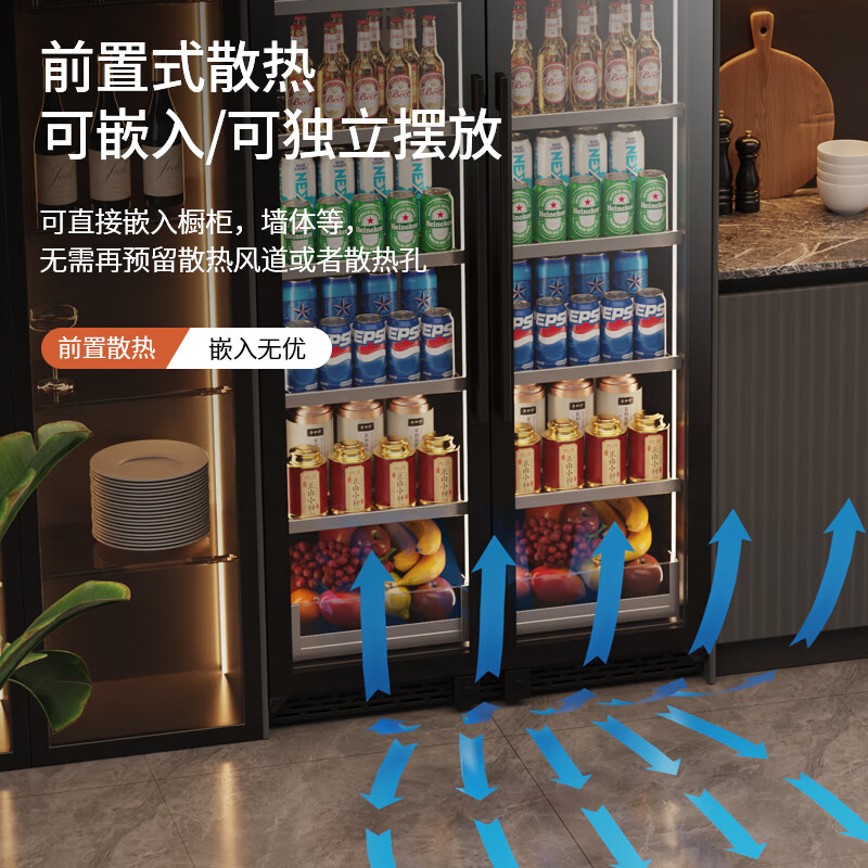 BAIKAILUN double-door thermostatic wine cabinet with double-door door ultra-thin and can be embedded in air-cooled frost-free thermostatic wine cabinet office household tea beverage liquor wine fruit preservation refrigerated display cabinet 2 meters dual temperature red wine + ice bar 121 bottles thin section