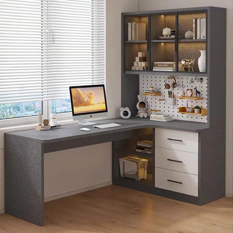 Katisha Simple Solid Wood Computer Desk Corner Desk Bookcase Integrated Bedroom Student Furniture Writing Desk Cream White Bookcase Left (Entry Package Installation) 140L x 98W x 170cm H