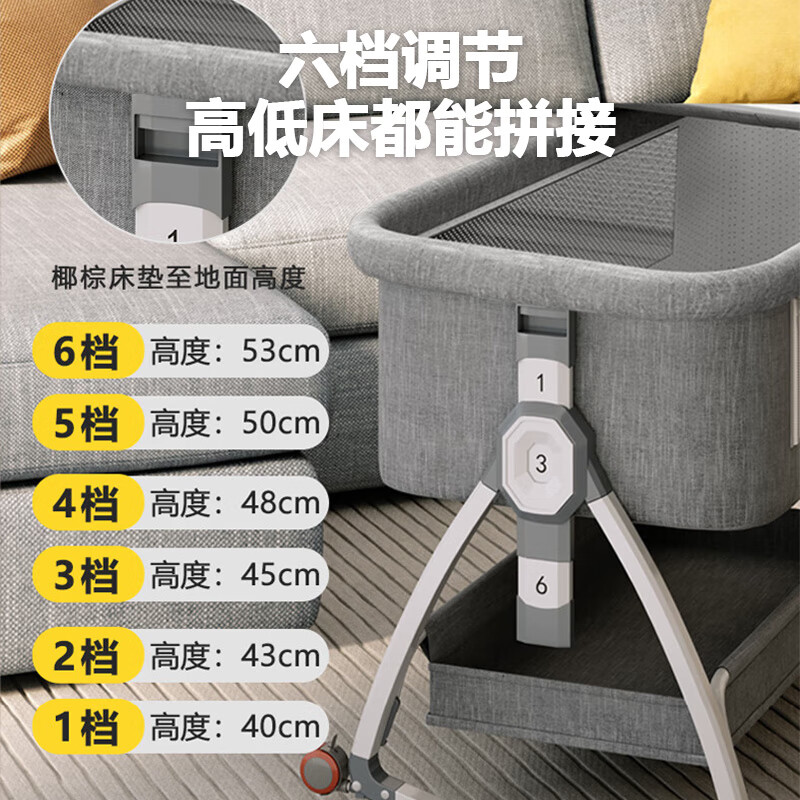 JOT TMM crib can be spliced into a large bed, a rocking bed, a movable newborn multi-functional sleeping device, a foldable bed, coral gray, coconut palm mattress + changing table