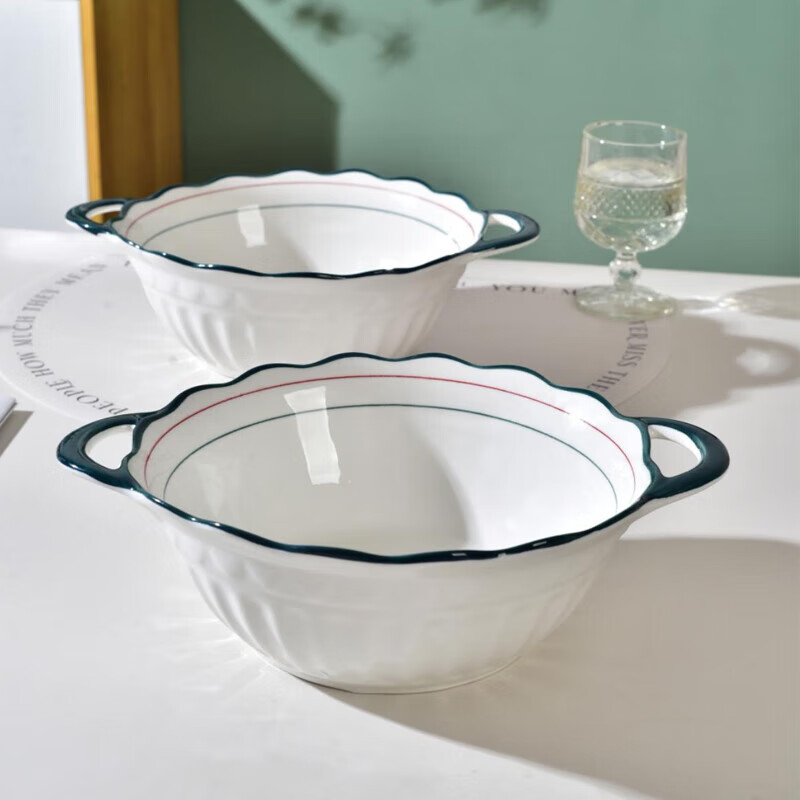 Double-ear 10-inch green double-line special-shaped double-ear bowl household ceramic tableware double-ear soup bowl fruit bowl 2 10-inch green double-ear bowls