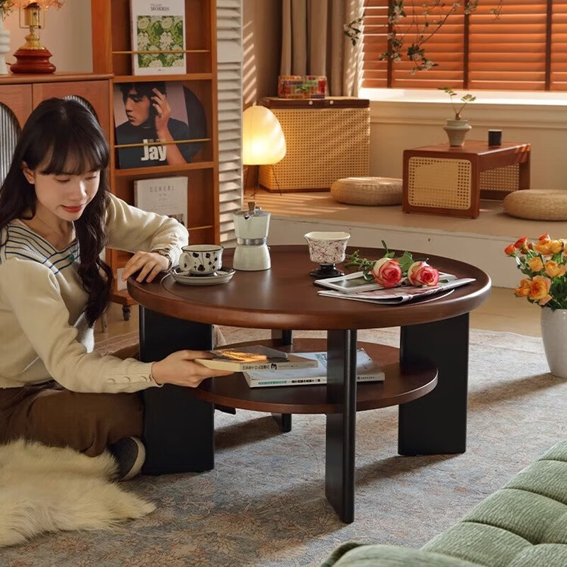 Qingziyou French retro coffee table, antique style round tea table 2026 new American simple household small apartment side table furniture walnut color + rubber wood diameter 80CM