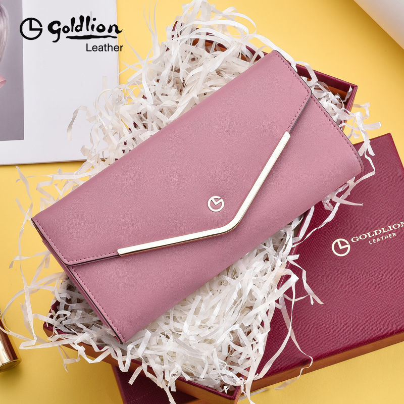 Goldlion Wallet Women's 2025 New Ladies Casual Fashion Long Cowhide Clutch Bag Mobile Coin Purse Birthday Gift Pink