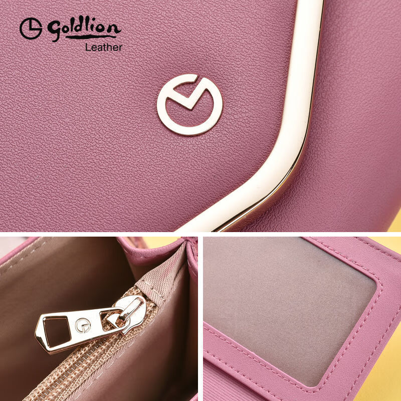 Goldlion Wallet Women's 2025 New Ladies Casual Fashion Long Cowhide Clutch Bag Mobile Coin Purse Birthday Gift Pink