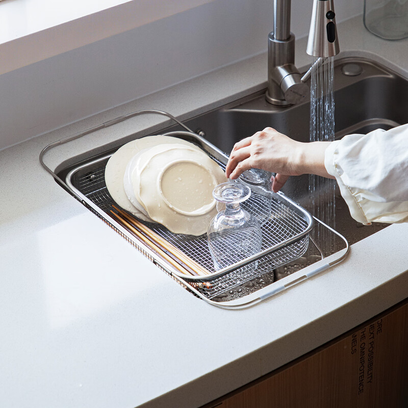 Shuangshan 304 stainless steel drain basket retractable kitchen sink vegetable basket household fruit basket drain rack large - telescopic length 36~54 width 24.5 height 8cm