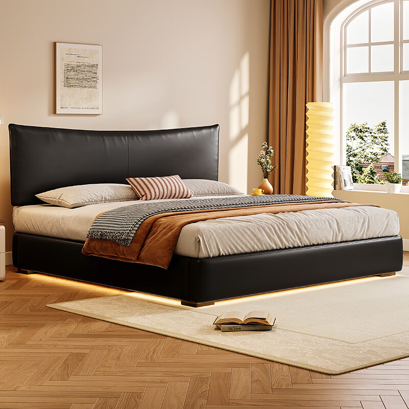 Dongxiong ultra-thin bedside leather bed adjustable small apartment cream style master bedroom soft bed high box storage translation bed ecological leather bed/encrypted silent ribbed frame 1500mm*2000mm frame structure