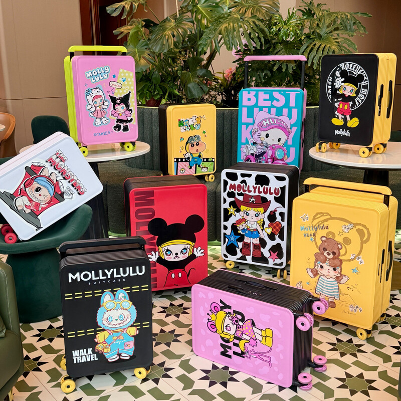 Bamboo mink suitcase with wide trolley cartoon pull trolley suitcase women's high-looking boarding code box large capacity suitcase Motorcycle KT-trendy high-end series 20 inches - boarding suitcase/short-distance/business trip