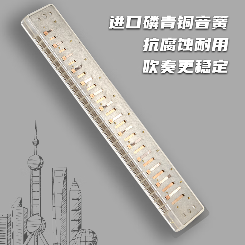 Guoguang 28-hole Guozhimeng performance-grade upgraded polyphonic C harmonica (new transparent fret, silver)