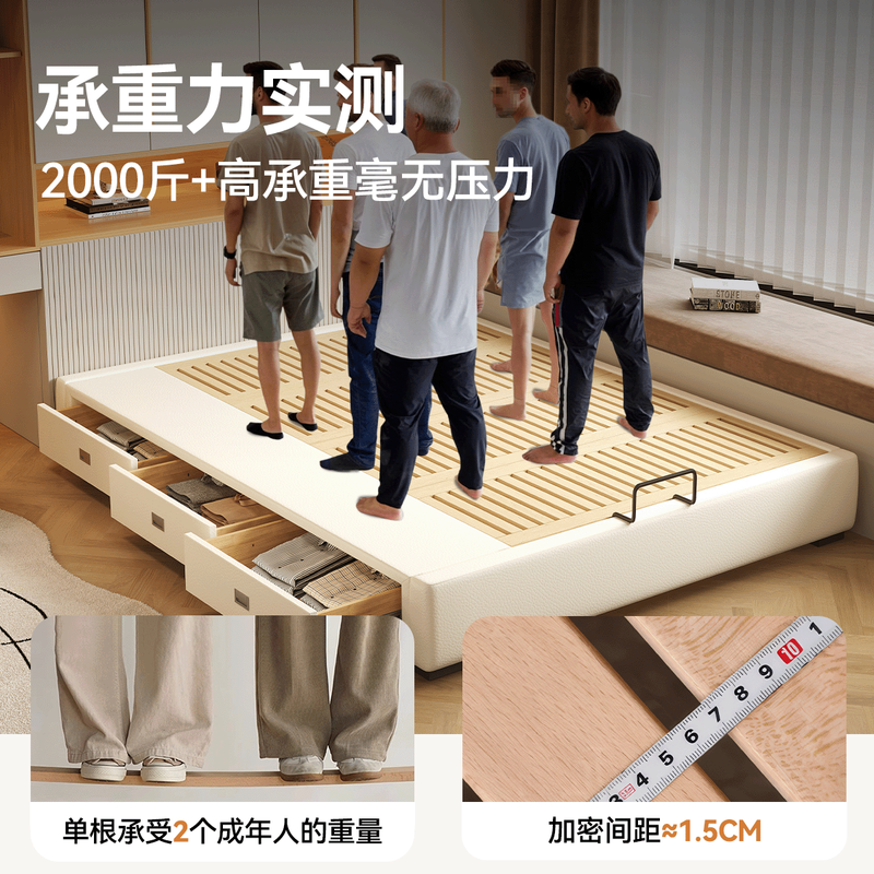 Westinghouse Artisan mortise and tenon beech wood bedside bed with lattice frame bed three drawer storage bed storage bed without backrest small apartment second bedroom custom drawer storage bed Consult customer service for free upgrade to leather version 1.5*2.0m three drawer structure mortise and tenon mortise beech wood lattice frame