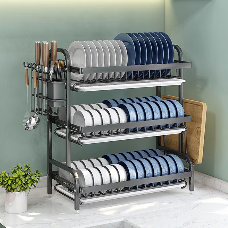 Hywlkj Fat Donglai's same draining dish rack kitchen storage rack dish storage rack dish rack household multi-functional bowl and chopsticks black three-layer 43CM-standard configuration