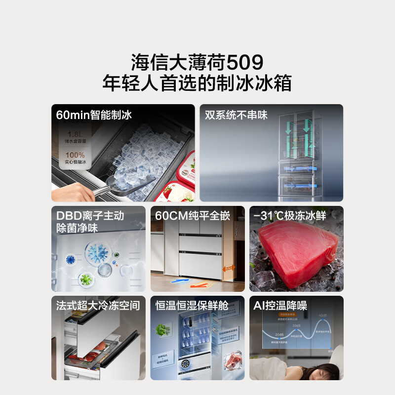 Hisense Big Mint 509L French-style multi-door refrigerator dual-system automatic ice making embedded large-capacity net-flavor white World Cup customized refrigerator BCD-509S3FZSQD national subsidy