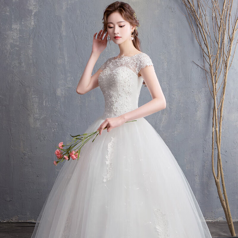 SHANDONGSHAONV main wedding dress 2025 new floor-length bride French light and simple pregnant woman petite outing yarn texture mid-waist wedding dress + three-piece set + accessories 2XL