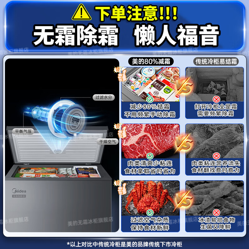 Midea 200/300 liter freezer small household non-frost-free freezer refrigeration / freezing dual-purpose minus-30 degree cryogenic first-class energy efficiency energy-saving refrigerator home appliance subsidy freezer 301 liters hot model holds 435 kilograms of meat steel plate liner