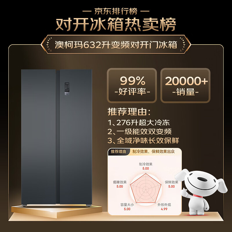 AUCMA 632 liter double-door door-to-door household large-capacity stocking refrigerator air-cooled, frost-free, first-class energy efficiency, dual frequency conversion, energy-saving and low-noise BCD-632WPNE