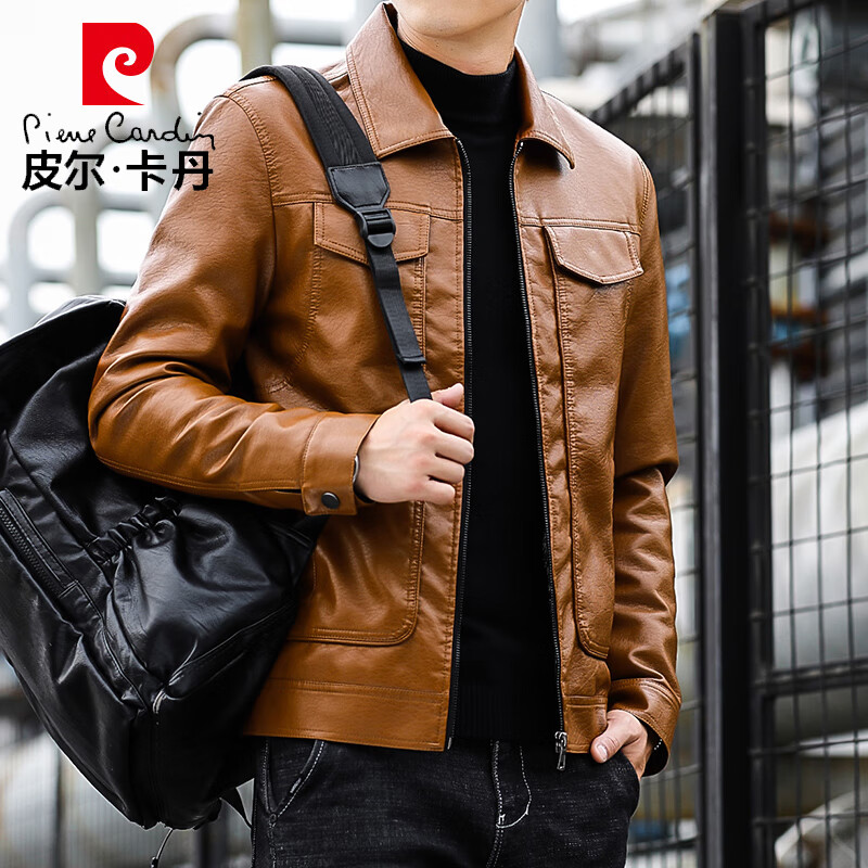 Pierre Cardin Jacket Men's Spring and Autumn Leather Casual Lapel Jacket Business Outdoor Top Jacket Black XL