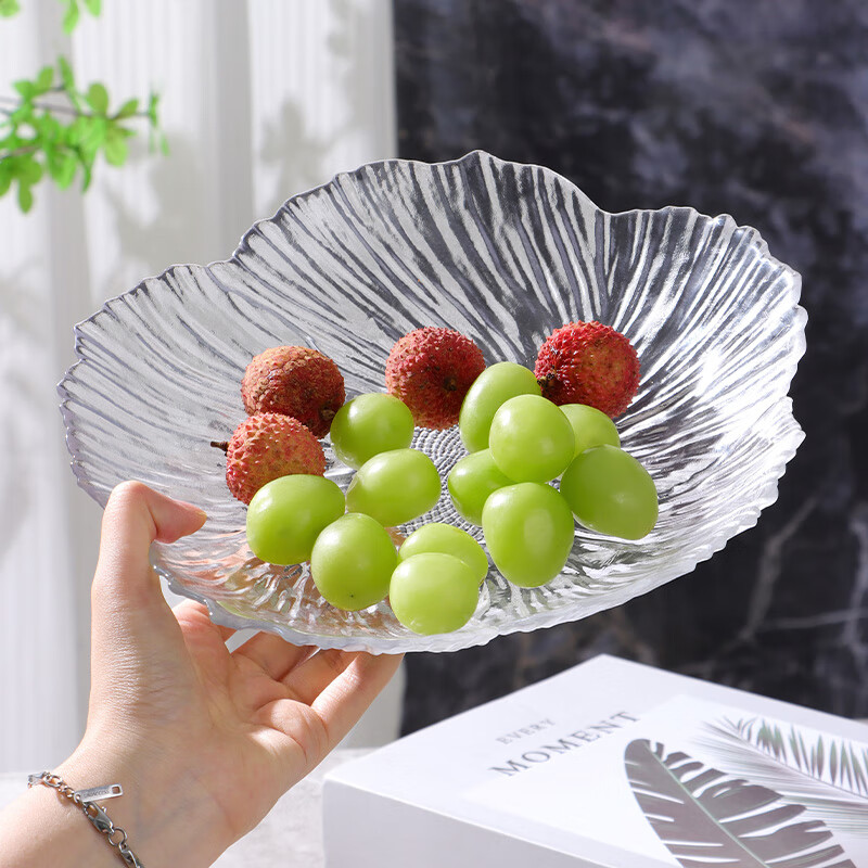 Baijie glass transparent ice pattern fruit plate for home living room light luxury candy nut snacks dried fruit storage tray large size