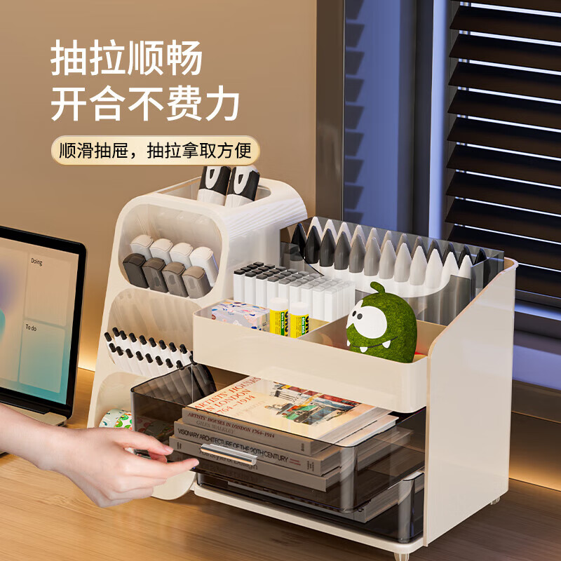 Wilkie Pen Holder Desktop Storage Box Desk Storage Rack Desk High-Looking Multifunctional Student Stationery Drawer Storage Desktop Stationery Box Milk White
