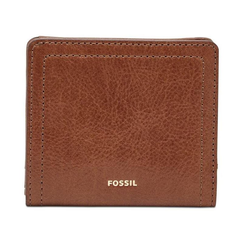 Fossil luxury fashion brand women's wallet brown embossed Logan small leather bi-fold short card slot ID compartment 6 Brown/Gold os