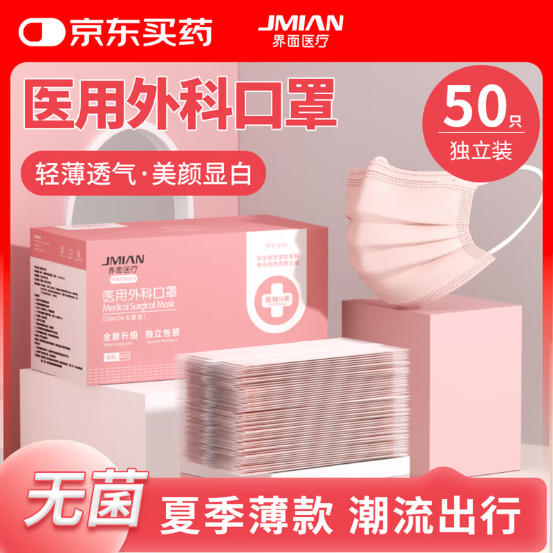 Interface medical surgical mask adult disposable sterilization grade breathable 50 pink masks individually packaged anti-virus