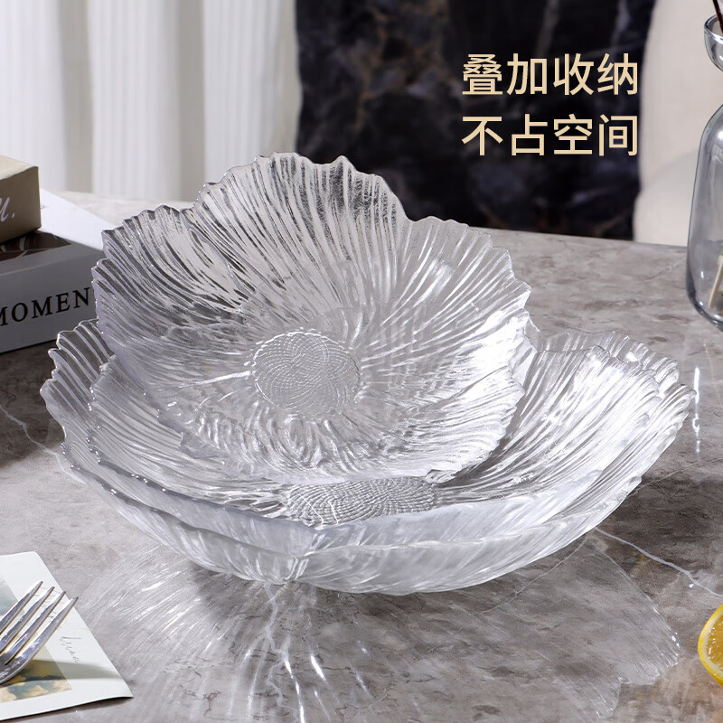 Baijie glass transparent ice pattern fruit plate for home living room light luxury candy nut snacks dried fruit storage tray large size