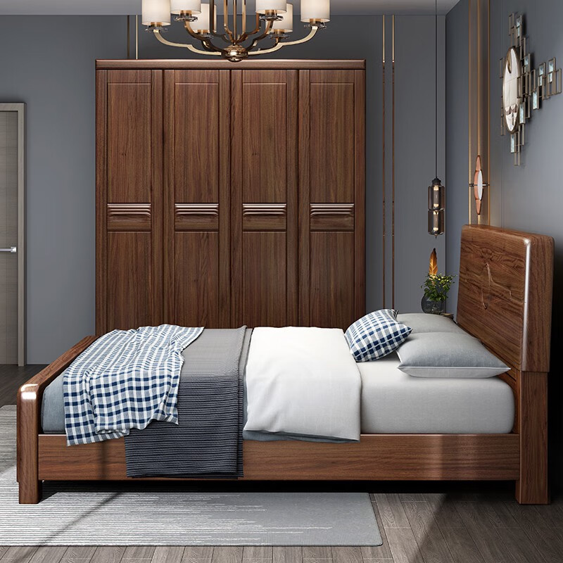 Futaba Furniture light luxury Okoume walnut solid wood wardrobe simple modern Chinese four-door wardrobe bedroom storage