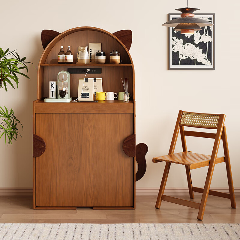 Xiao Mu Wu cabin new small apartment telescopic folding dining table and sideboard integrated mid-century style solid wood dining table and chair combination one table and two chairs (#80 chair)