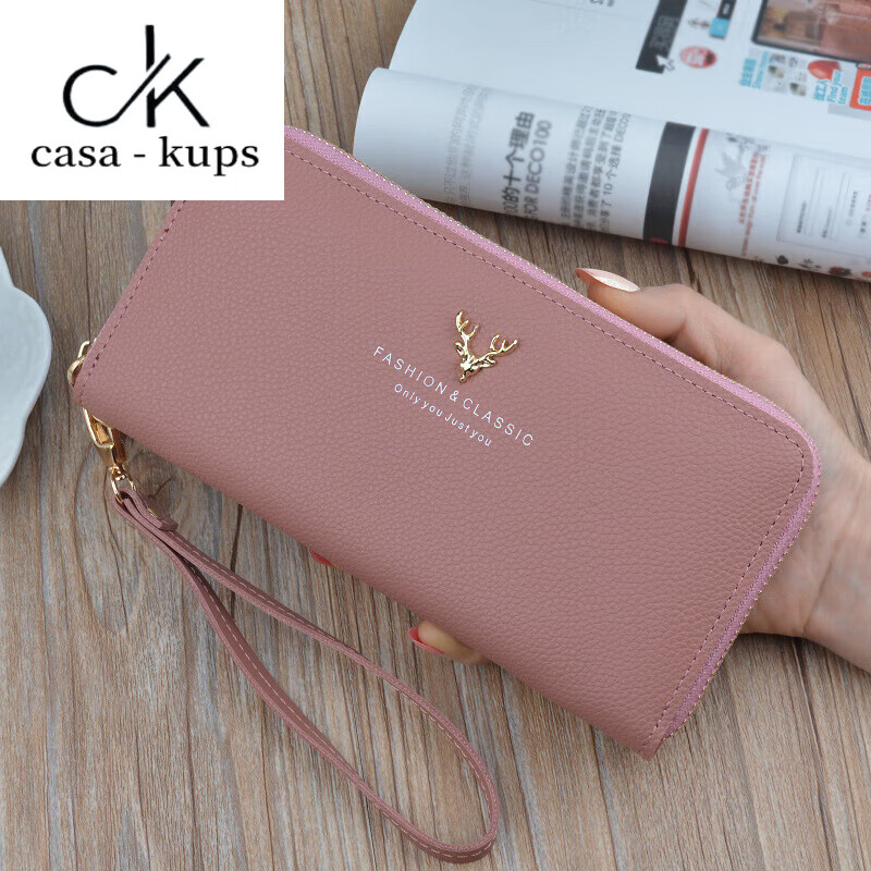 Casa-kupsCK Genuine Leather Women's Wallet Long Clutch 2025 New Zipper Multifunctional Long Large Capacity Wallet Mobile Phone Pink